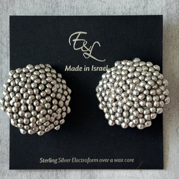 E&L Sterling Silver Bubble Round Popcorn Earrings Electroform Israel NEW - Picture 7 of 9